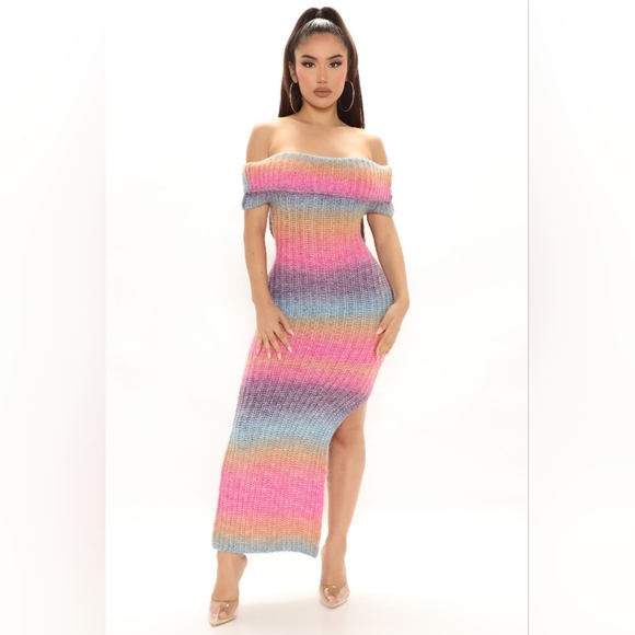 Multicolor Off-Shoulder Knit Dress - Picture 1 of 5